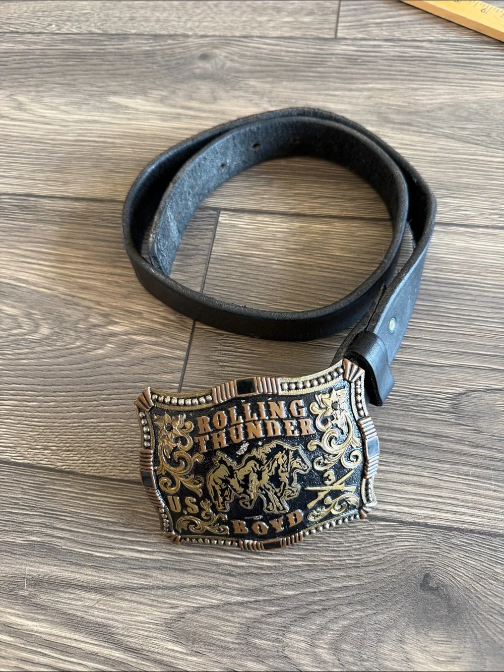 Corriente Rolling Thunder U.S. Boyd Western Rodeo Buckle Black Leather Belt